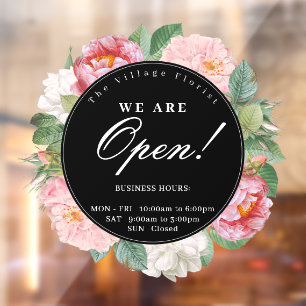 Rozen Floral Round Business openinguren zwart Raamsticker