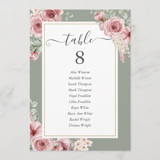 Rozen Floral Sage Groene Tafel Nummer Aankondiging (Voorkant)