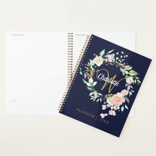 Rozen Floral Script Monogram Navy Blue Gold Planner (Display)