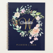 Rozen Floral Script Monogram Navy Blue Gold Planner (Voorkant)