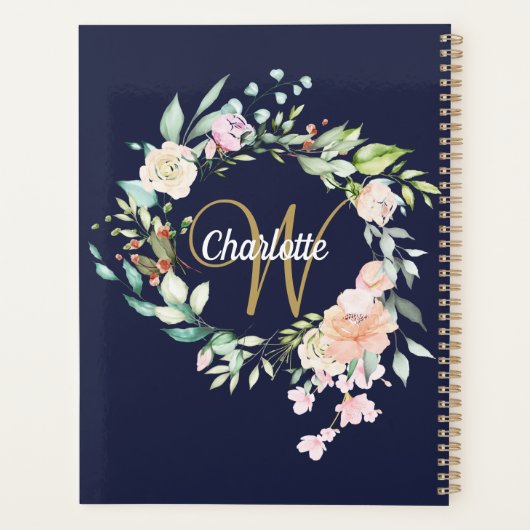 Rozen Floral Script Monogram Navy Blue Gold Planner (Achterkant)