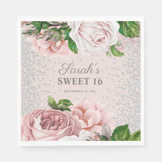 Rozen Floral Silver Glitter Sweet 16 Servet (Voorkant)