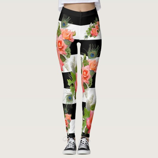 Rozen Floral Striped Pattern Peacock Feathers Leggings (Voorkant)