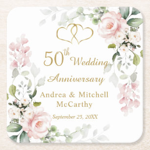 Rozen Foliage Hearts 50th Wedding Jubileum Vierkante Kartonnen Onderzetter