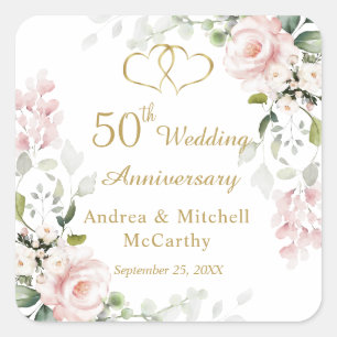 Rozen Foliage Hearts 50th Wedding Jubileum Vierkante Sticker