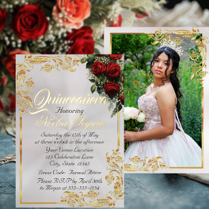 Rozen, foto & gouden lijst - Parel Quinceanera Folie Uitnodiging