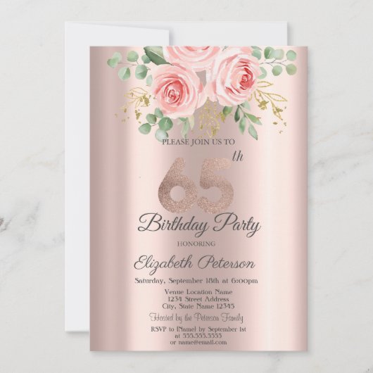 Rozen Glitter Drips Roos Gold 65e verjaardag Kaart (Voorkant)