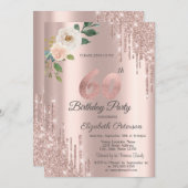 Rozen Glitter Druppels Roos Goud 60e Verjaardag Kaart (Voorkant / Achterkant)