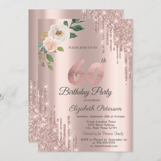 Rozen Glitter Druppels Roos Goud 60e Verjaardag Kaart (Voorkant / Achterkant)