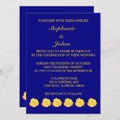 Rozen goudgeel goud marineblauw bloemenbruiloft kaart (Voorkant / Achterkant)