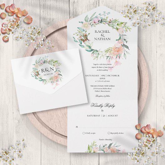 Rozen Greenery Floral Monogram Wedding All In One Uitnodiging