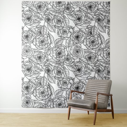 Rozen handgetekend patroon wandkleed (In situ)