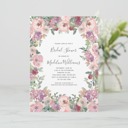 Rozen Hydrangea Bruiloft Uitnodiging (Staand voorkant)