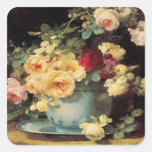 Rozen in een blauwe Bowl - Zelfklever Vierkante Sticker