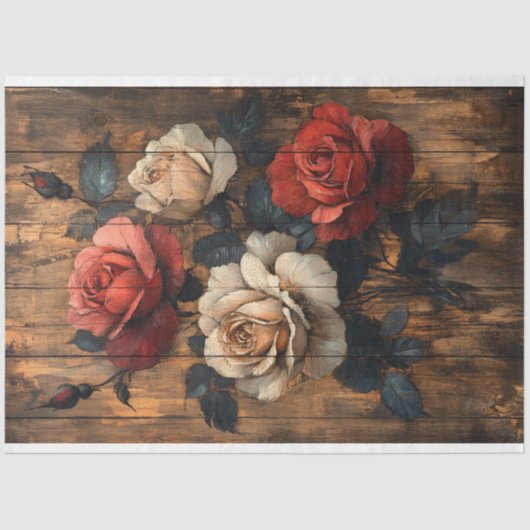 Rozen in rood en perzik roze geschilderd hout Deco Tissuepapier (Voorkant)