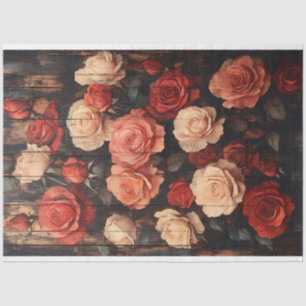 Rozen in rood en roze geschilderd op houtdecoupage tissuepapier