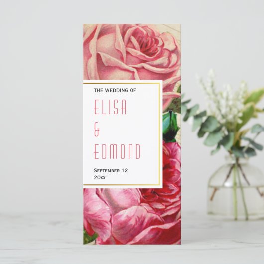 rozen in roze bloemenbruiloft programma (Staand voorkant)