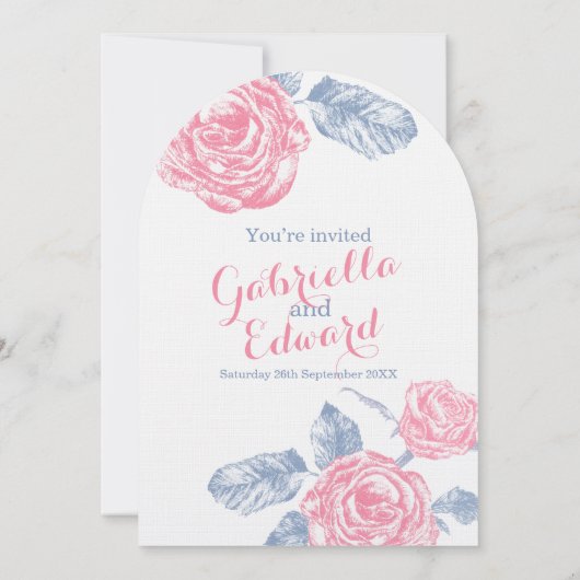 Rozen inkt schets blauw roze bruiloft kaart (Achterkant)