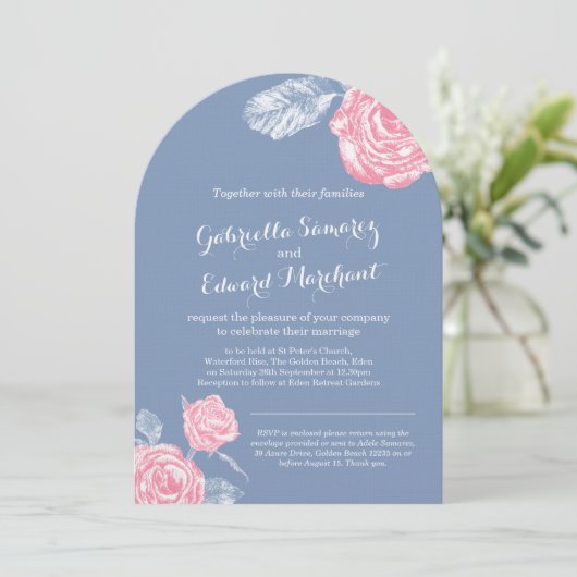 Rozen inkt schets blauw roze bruiloft kaart (Staand voorkant)