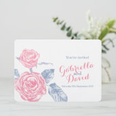 Rozen inkt schets blauw roze bruiloft uitnodigen kaart (Staand voorkant)