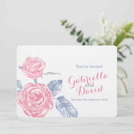 Rozen inkt schets blauw roze bruiloft uitnodigen kaart (Staand voorkant)