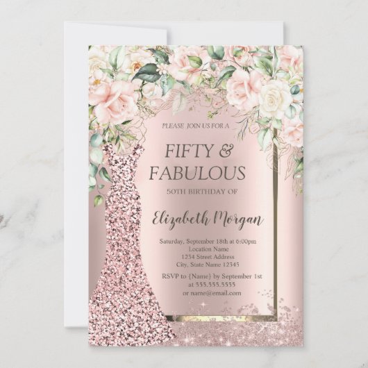 Rozen Jurk Roos Gouden Glitter Confetti 50th Kaart (Voorkant)