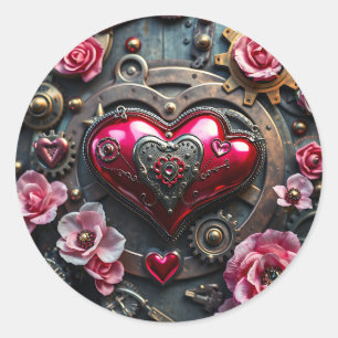 Rozen, Koper Hart en Stoomtechniek Tandwielen Ronde Sticker
