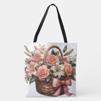 Rozen lelies in een mandje draagtas