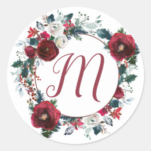 Rozen met kerstbloem met monogrammed kerstmis ronde sticker