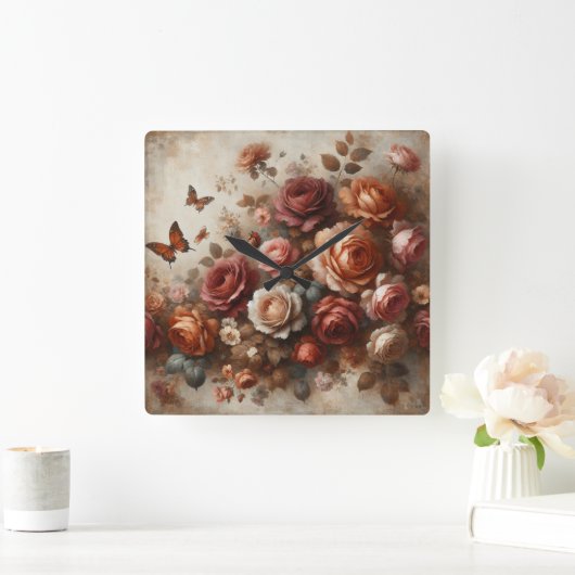  Rozen met Vlinders Vierkante Klok (Huis)