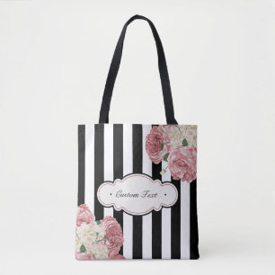 Rozen met zwarte en witte strepen tote bag