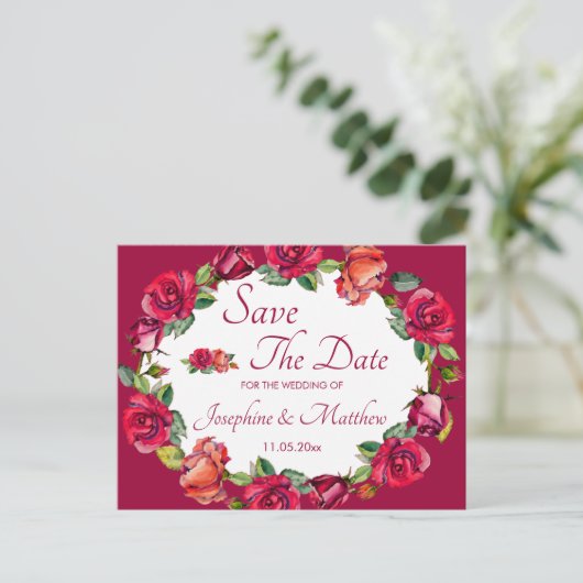 Rozen Monogram krans de datum opslaan Aankondigingskaart (Staand voorkant)