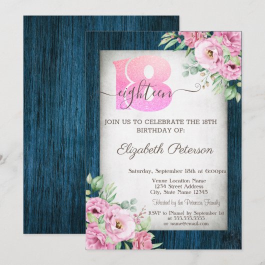 Rozen Navy Blue Wood 18th Birthday Invitation Kaart (Voorkant / Achterkant)