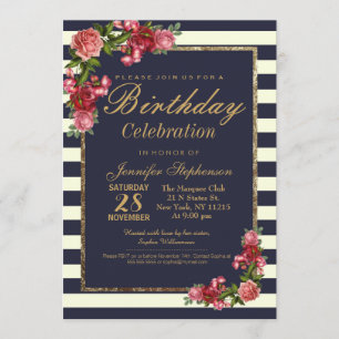 Rozen Navy Stripes and Gold Birthday Party Kaart