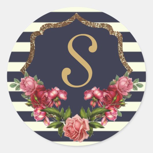 Rozen Navy Stripes en Gold Monogram Stickers (Voorkant)