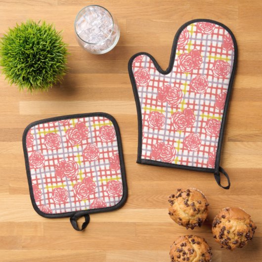Rozen op Plaid Pattern - Pastel Ovenwant & Pannenlap Set (Top down)
