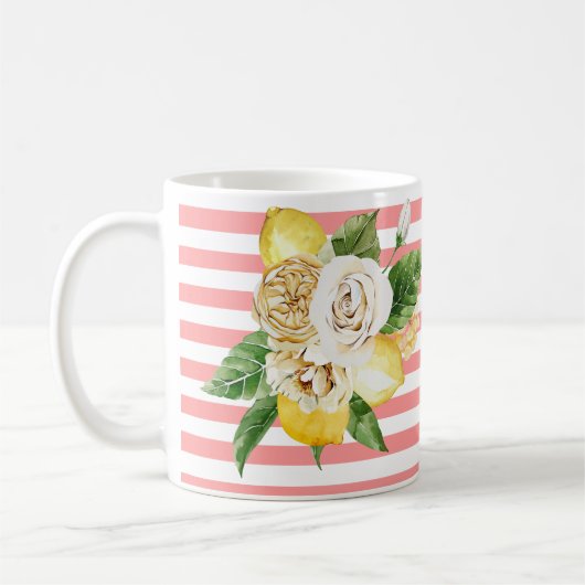 Rozen op roze strepen koffiemok (Links)