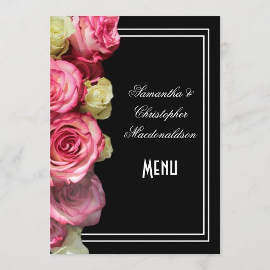 Rozen op zwarte bloemen bruiloft menu (Voorkant)