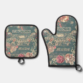 Rozen ovenwanten en potholder set (Voorkant)