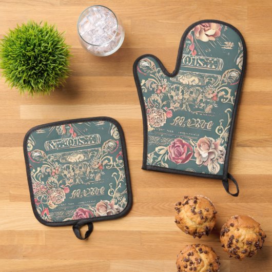 Rozen ovenwanten en potholder set (Top down)