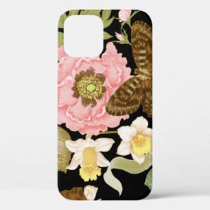 Rozen pioenen: zwart bloemmotief iPhone 12 Hoesje