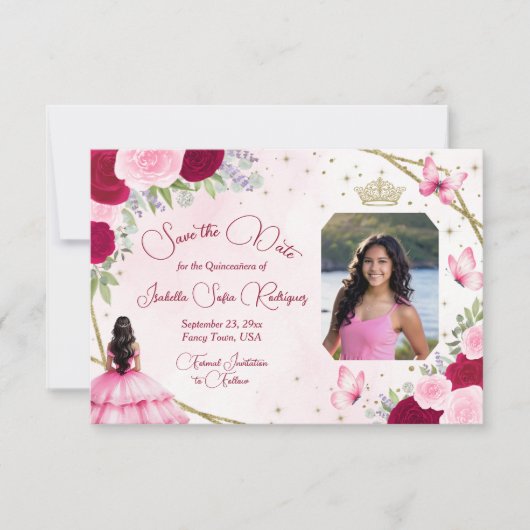Rozen Prinses Vlinder & Foto Quinceanera Save The Date (Voorkant)