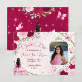 Rozen Prinses Vlinder & Foto Quinceanera Save The Date (Voorkant / Achterkant)
