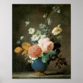Rozen, Ranunculus en andere bloemen in een blauwe  Poster (Voorkant)