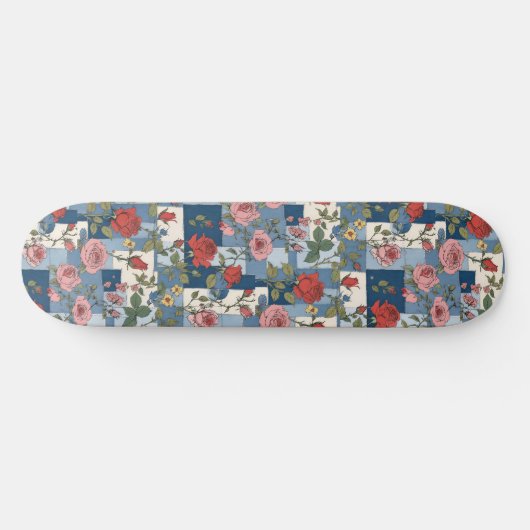 Rozen Retro Blauw Jean Denim Patchwork Bloemen Skateboard (Horizontaal)