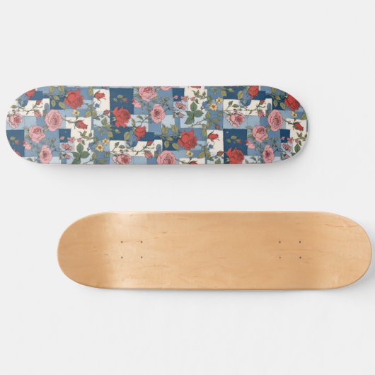 Rozen Retro Blauw Jean Denim Patchwork Bloemen Skateboard (Horizontaal)