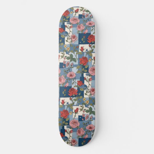 Rozen Retro Blauw Jean Denim Patchwork Bloemen Skateboard (Voorkant)