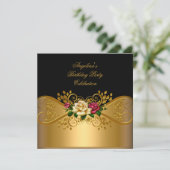 Rozen Rode Roze Cream Black Gold Birthday Party Kaart (Staand voorkant)