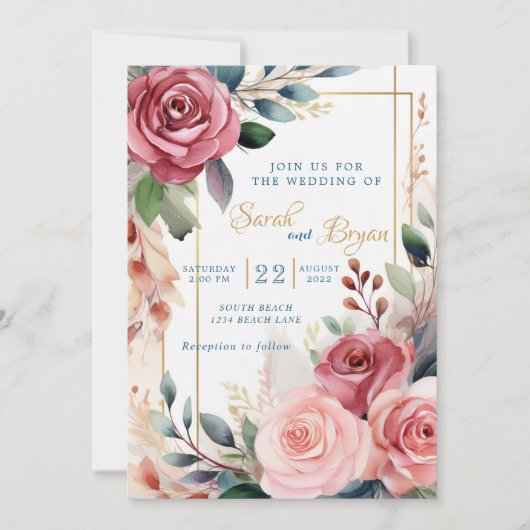 Rozen Roze Bloemen Greenery Boho Huwelijksuitnodig Kaart (Voorkant)
