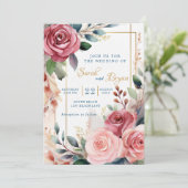 Rozen Roze Bloemen Greenery Boho Huwelijksuitnodig Kaart (Staand voorkant)
